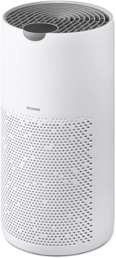 マイストアのIRIS OHYAMA製高性能空気清浄機。ホワイトカラーの円筒形で360度吸引可能な静音設計モデル